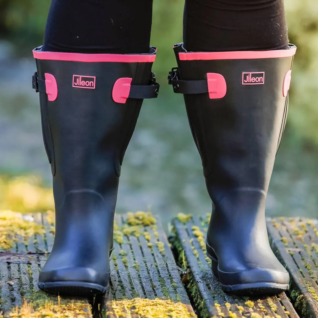 Extra Wide Calf Womens' Rain Boots - Black with Pink Trim - 16-23 Inch Calf - Wide in Foot & Ankle