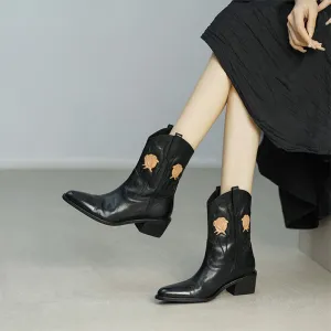 Flower Embroidery Cowboy Ankle Boots for Women Handmade Genuine Leather in Black - WESTERN BOOTS