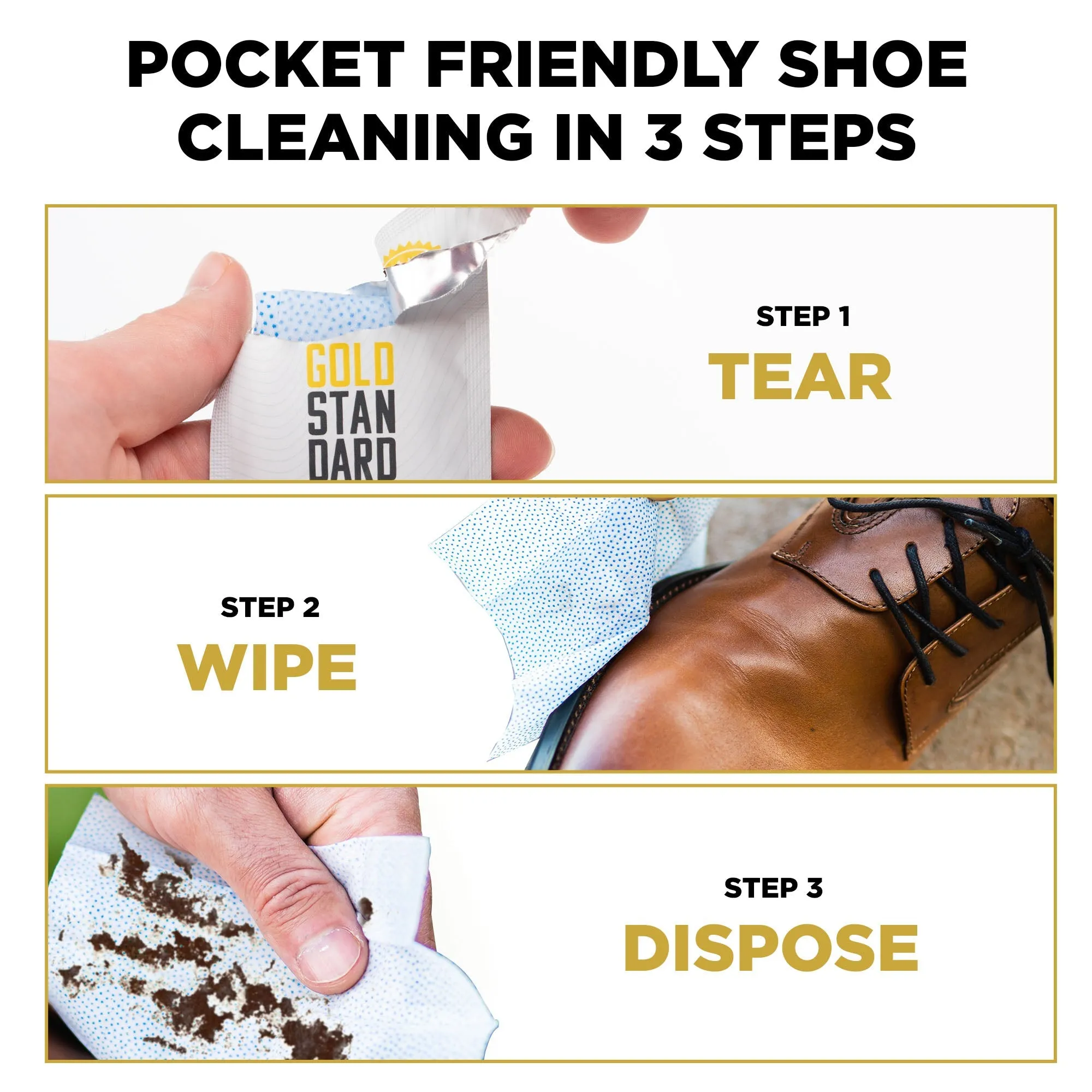 Gold Standard Shoe Cleaner Wipes | Dual Textured Individually Wrapped Sneaker Wipes - Quick Shoe Cleaning Wipes to Erase Dirt & Stains from Leather, Tennis & Canvas Shoes (30-Pack)