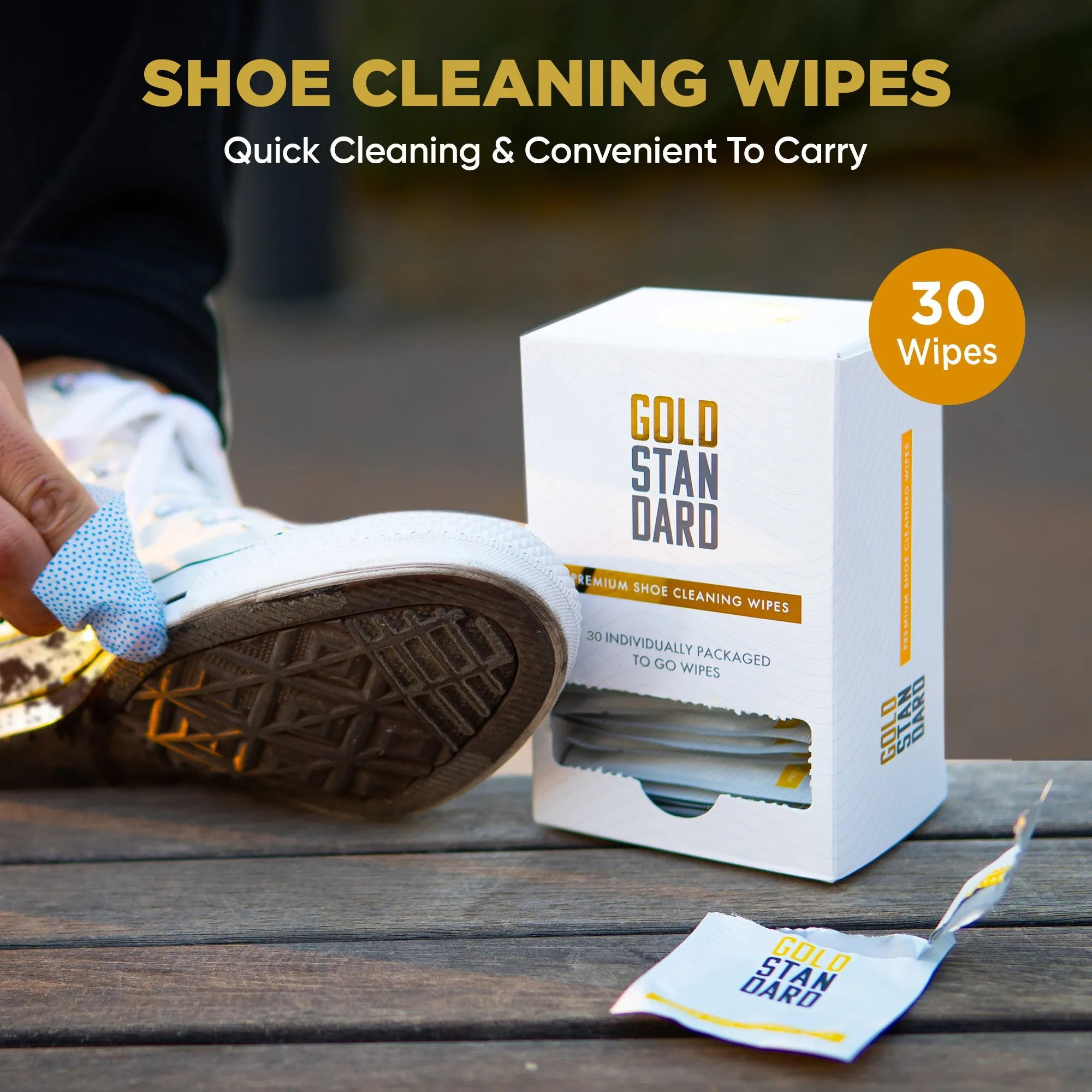 Gold Standard Shoe Cleaner Wipes | Dual Textured Individually Wrapped Sneaker Wipes - Quick Shoe Cleaning Wipes to Erase Dirt & Stains from Leather, Tennis & Canvas Shoes (30-Pack)