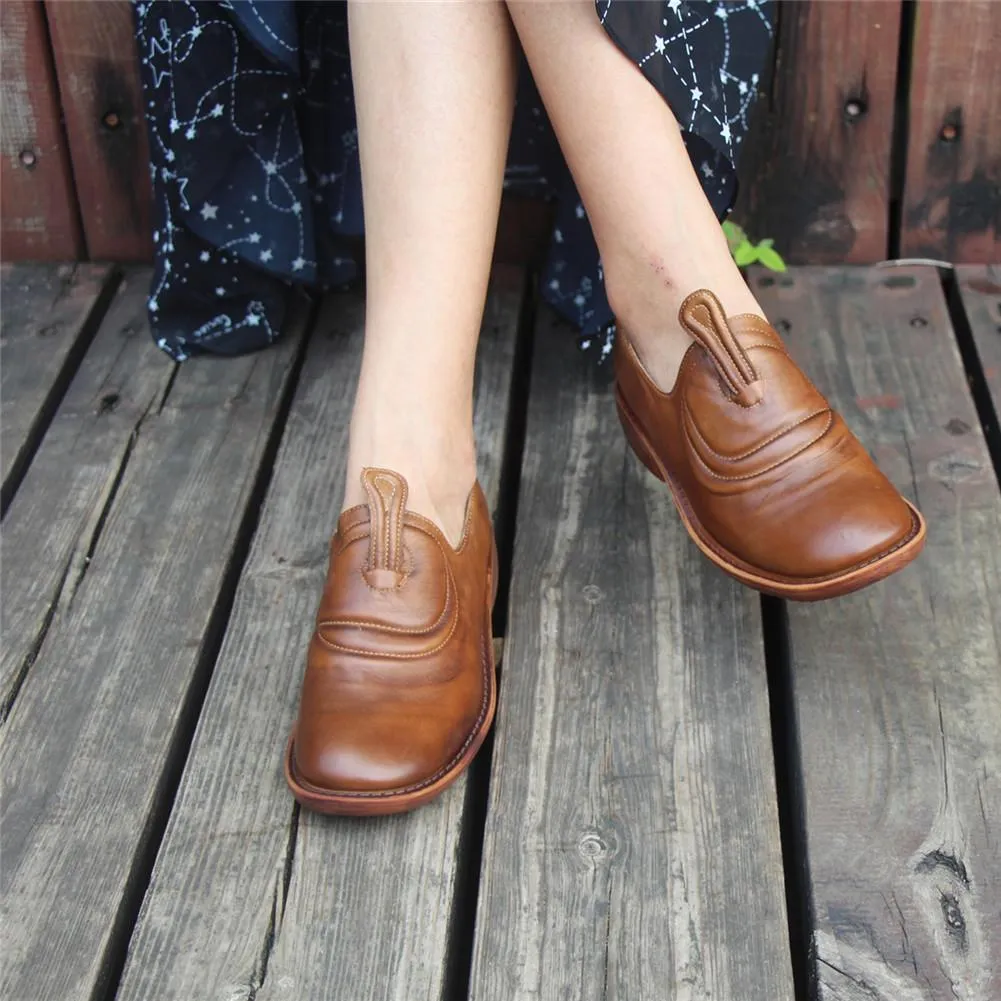 Handmade Brown Leather Shoes For Women Retro Loafers Work Shoes Slip On Shoes