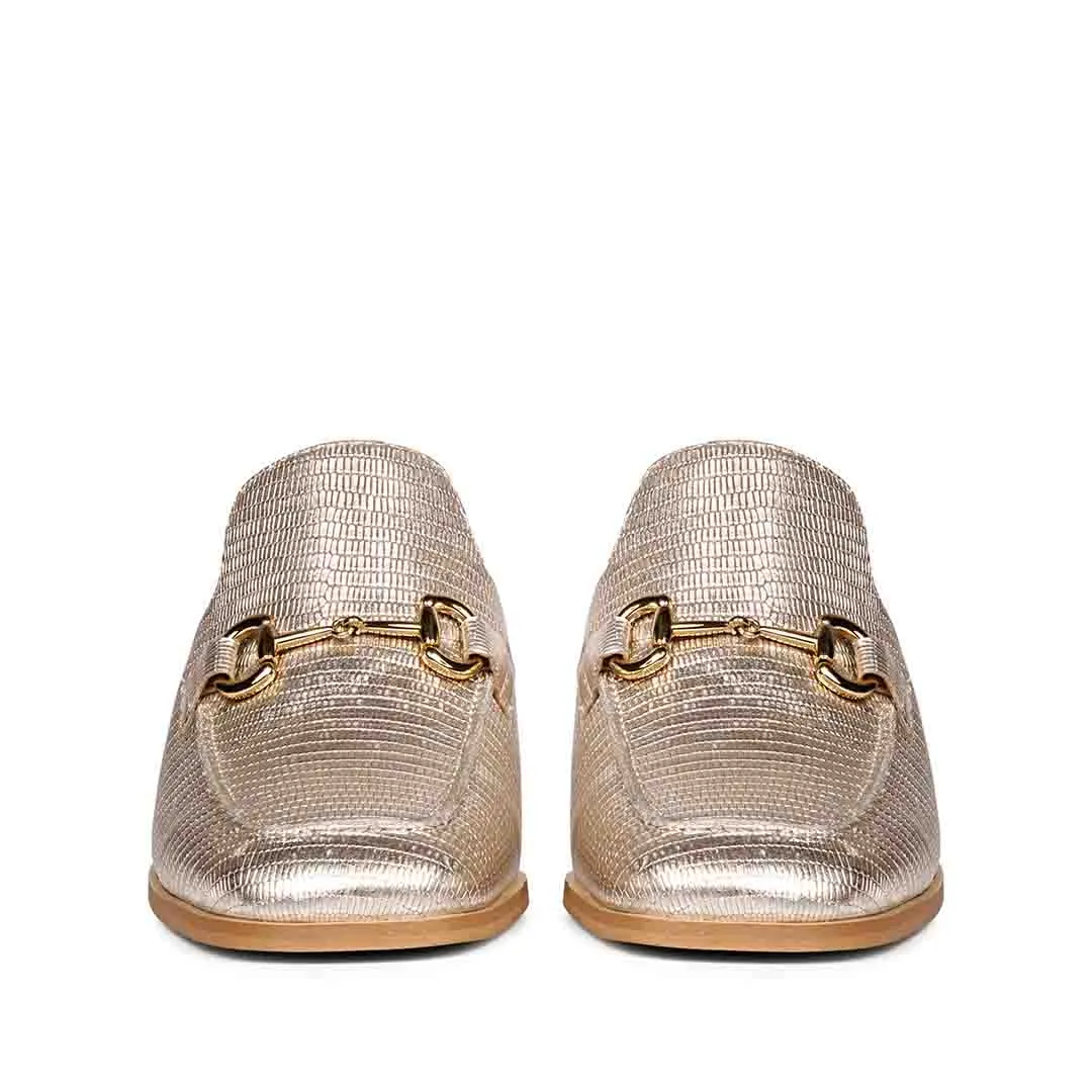 Saint Jasmine Gold Metallic Lizard Print Leather Moccasins