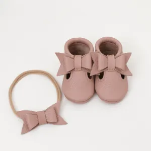 T-strap baby moccasins with bow   hairbow