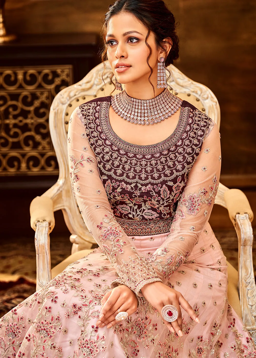 Trendy Light Pink & Wine Embroidered Wedding Anarkali Gown