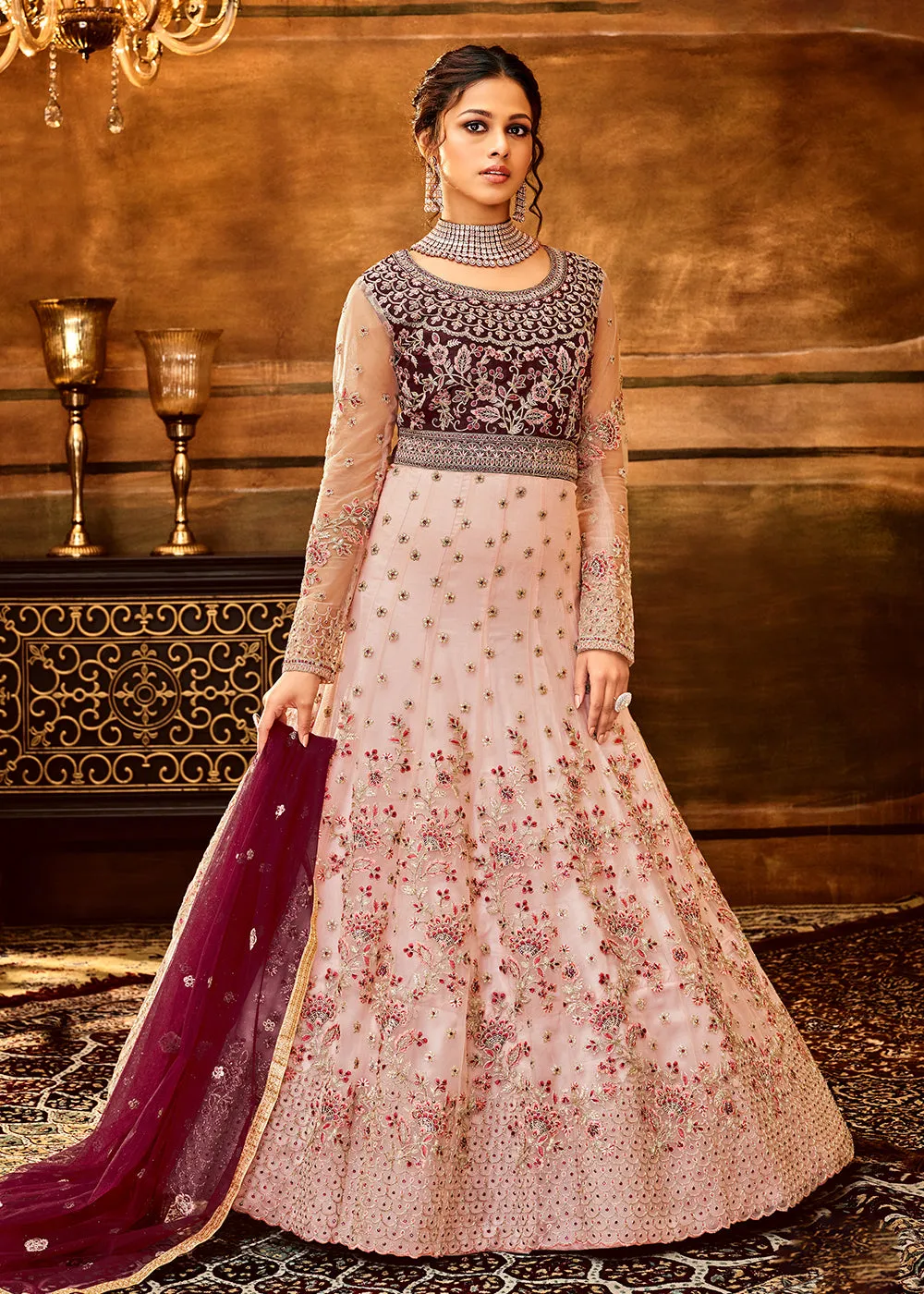 Trendy Light Pink & Wine Embroidered Wedding Anarkali Gown