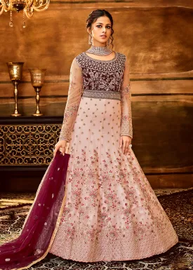 Trendy Light Pink & Wine Embroidered Wedding Anarkali Gown