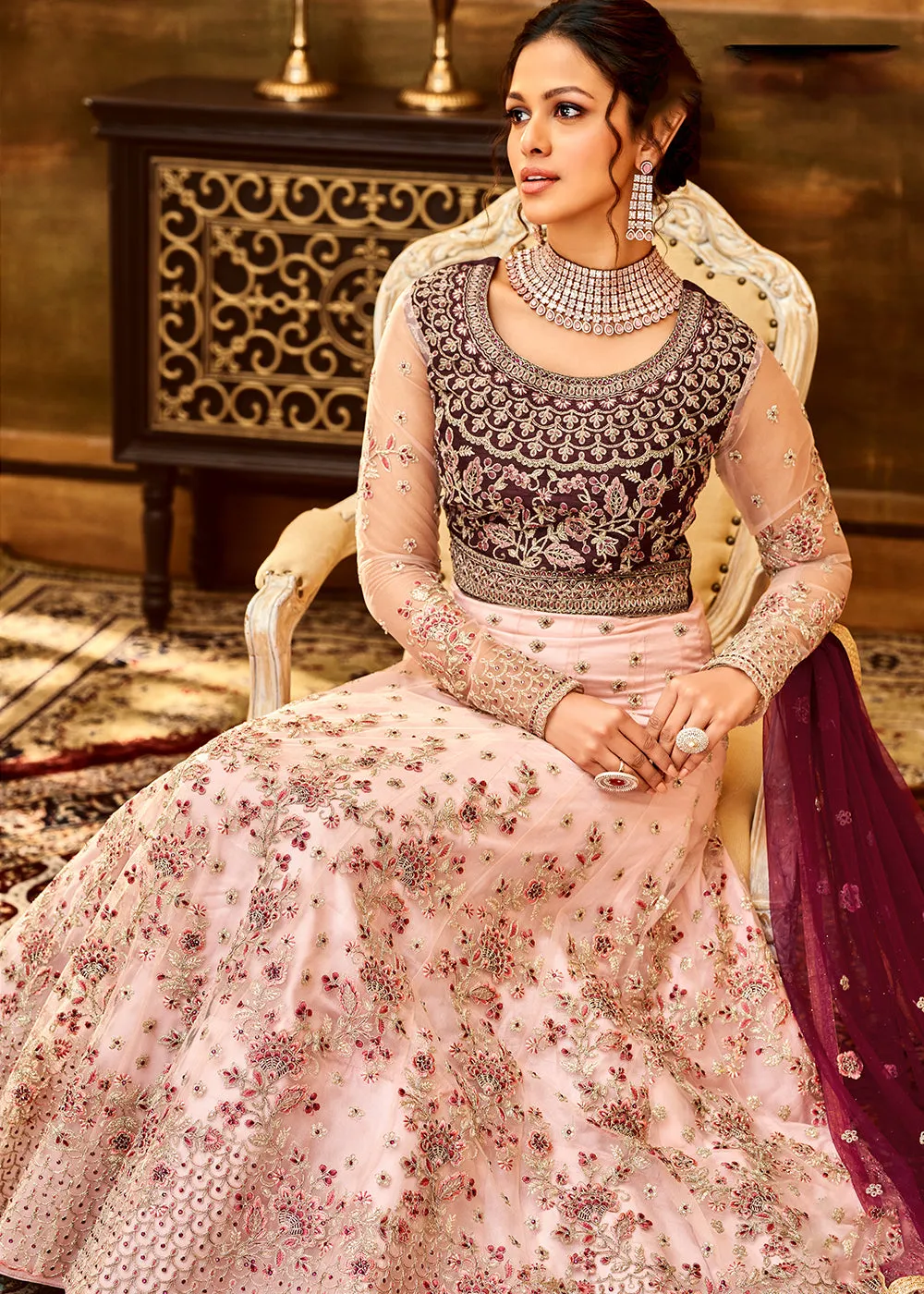 Trendy Light Pink & Wine Embroidered Wedding Anarkali Gown