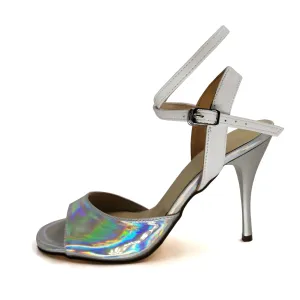 Women's Argentine Tango Shoes High Heel Dance Sandals Leather Sole Silver